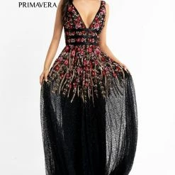 Primavera Couture 3728 Beaded A Line Prom Dress Floral Details V Neckline Sweeping Train Sequin Dresses