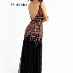 Primavera Couture 3728 Beaded A Line Prom Dress Floral Details V Neckline Sweeping Train Sequin Dresses