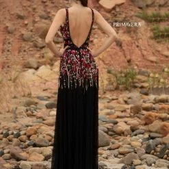 Primavera Couture 3728 Beaded A Line Prom Dress Floral Details V Neckline Sweeping Train Sequin Dresses
