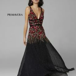 Primavera Couture 3728 Beaded A Line Prom Dress Floral Details V Neckline Sweeping Train Sequin Dresses