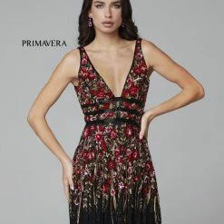 Primavera Couture 3728 Beaded A Line Prom Dress Floral Details V Neckline Sweeping Train Sequin Dresses