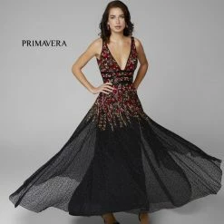 Primavera Couture 3728 Beaded A Line Prom Dress Floral Details V Neckline Sweeping Train Sequin Dresses