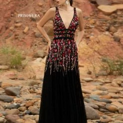 Primavera Couture 3728 Beaded A Line Prom Dress Floral Details V Neckline Sweeping Train Sequin Dresses