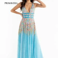 Primavera Couture 3728 Beaded A Line Prom Dress Floral Details V Neckline Sweeping Train Sequin Dresses