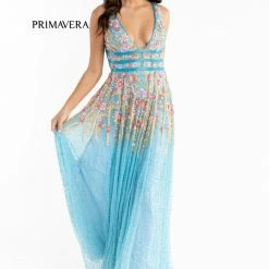 Primavera Couture 3728 Beaded A Line Prom Dress Floral Details V Neckline Sweeping Train Sequin Dresses