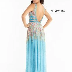 Primavera Couture 3728 Beaded A Line Prom Dress Floral Details V Neckline Sweeping Train Sequin Dresses