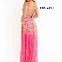 Primavera Couture 3728 Beaded A Line Prom Dress Floral Details V Neckline Sweeping Train Sequin Dresses