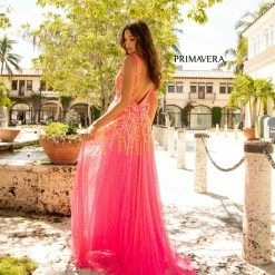 Primavera Couture 3728 Beaded A Line Prom Dress Floral Details V Neckline Sweeping Train Sequin Dresses