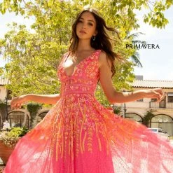 Primavera Couture 3728 Beaded A Line Prom Dress Floral Details V Neckline Sweeping Train Sequin Dresses