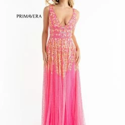 Primavera Couture 3728 Beaded A Line Prom Dress Floral Details V Neckline Sweeping Train Sequin Dresses