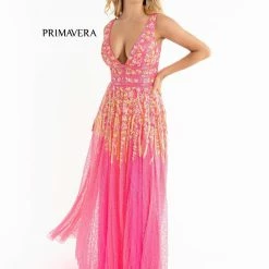 Primavera Couture 3728 Beaded A Line Prom Dress Floral Details V Neckline Sweeping Train Sequin Dresses