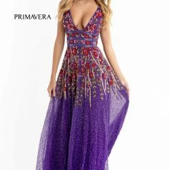 Primavera Couture 3728 Beaded A Line Prom Dress Floral Details V Neckline Sweeping Train Sequin Dresses