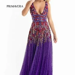 Primavera Couture 3728 Beaded A Line Prom Dress Floral Details V Neckline Sweeping Train Sequin Dresses