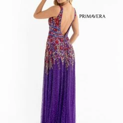 Primavera Couture 3728 Beaded A Line Prom Dress Floral Details V Neckline Sweeping Train Sequin Dresses