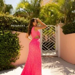 In Stock Primavera Couture 3729 Size 6 Neon Pink One Shoulder Strap Prom Dress Iridescent Sequins Long Evening Gown
