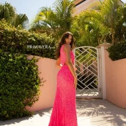 In Stock Primavera Couture 3729 Size 6 Neon Pink One Shoulder Strap Prom Dress Iridescent Sequins Long Evening Gown