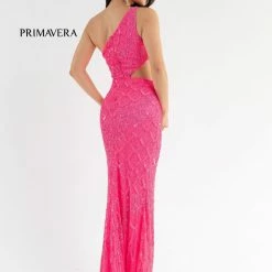 In Stock Primavera Couture 3729 Size 6 Neon Pink One Shoulder Strap Prom Dress Iridescent Sequins Long Evening Gown