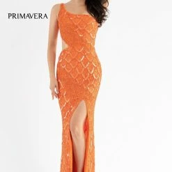 In Stock Primavera Couture 3729 Size 6 Neon Pink One Shoulder Strap Prom Dress Iridescent Sequins Long Evening Gown