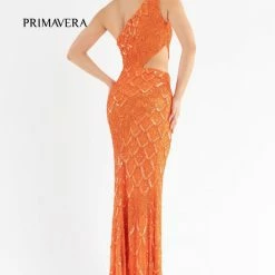 In Stock Primavera Couture 3729 Size 6 Neon Pink One Shoulder Strap Prom Dress Iridescent Sequins Long Evening Gown