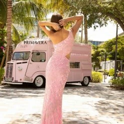 In Stock Primavera Couture 3729 Size 6 Neon Pink One Shoulder Strap Prom Dress Iridescent Sequins Long Evening Gown