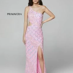 In Stock Primavera Couture 3729 Size 6 Neon Pink One Shoulder Strap Prom Dress Iridescent Sequins Long Evening Gown