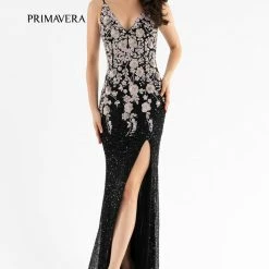 Sequin Dresses Primavera Couture 3730 Prom Dress Flower Bodice Sequins V Neckline Slit Mid Back