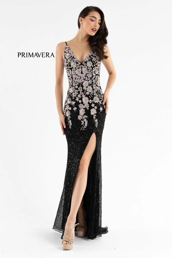 Sequin Dresses Primavera Couture 3730 Prom Dress Flower Bodice Sequins V Neckline Slit Mid Back 3 Sequin Dresses Primavera Couture 3730 Prom Dress Flower Bodice Sequins V Neckline Slit Mid Back