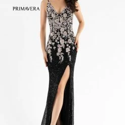 In Stock Primavera Couture 3730 Size 4 Prom Dress Flower Bodice Sequins V Neckline Slit Mid Back