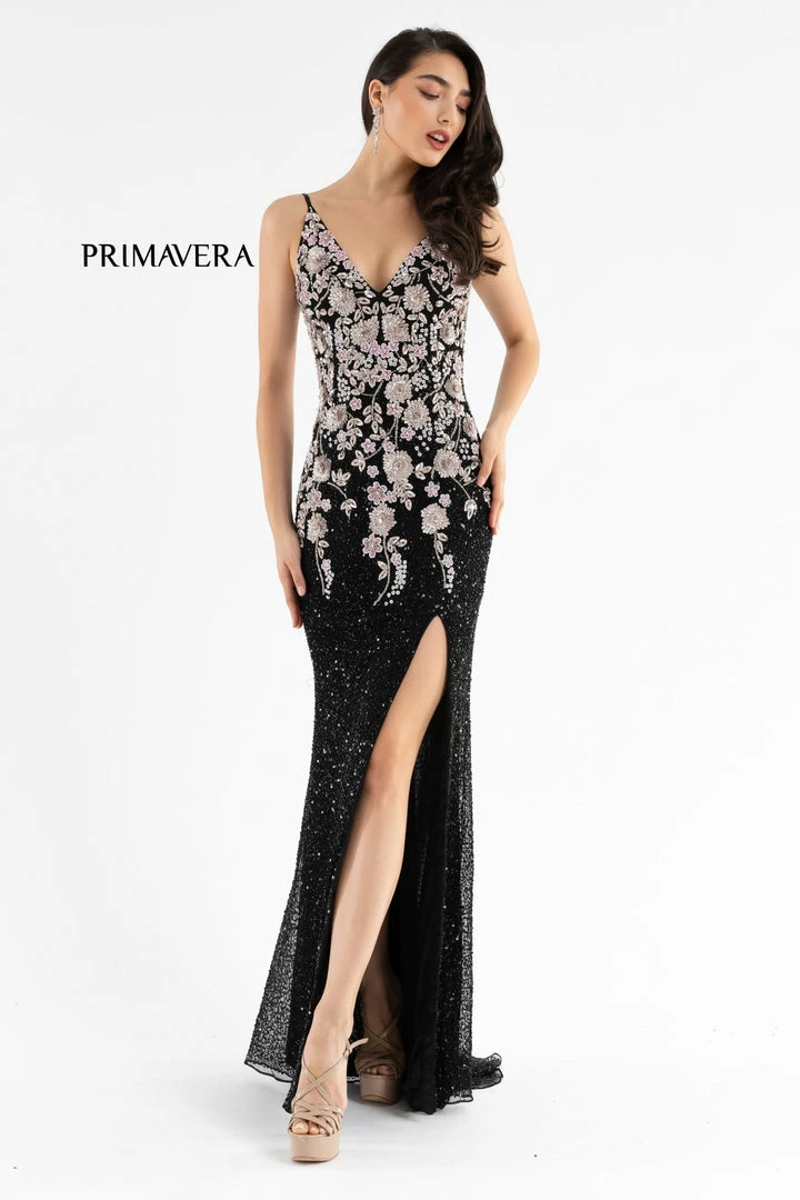 In Stock Primavera Couture 3730 Size 4 Prom Dress Flower Bodice Sequins V Neckline Slit Mid Back 3 In Stock Primavera Couture 3730 Size 4 Prom Dress Flower Bodice Sequins V Neckline Slit Mid Back