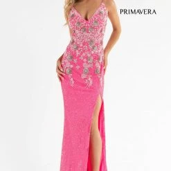 In Stock Primavera Couture 3730 Size 4 Prom Dress Flower Bodice Sequins V Neckline Slit Mid Back 28 In Stock Primavera Couture 3730 Size 4 Prom Dress Flower Bodice Sequins V Neckline Slit Mid Back
