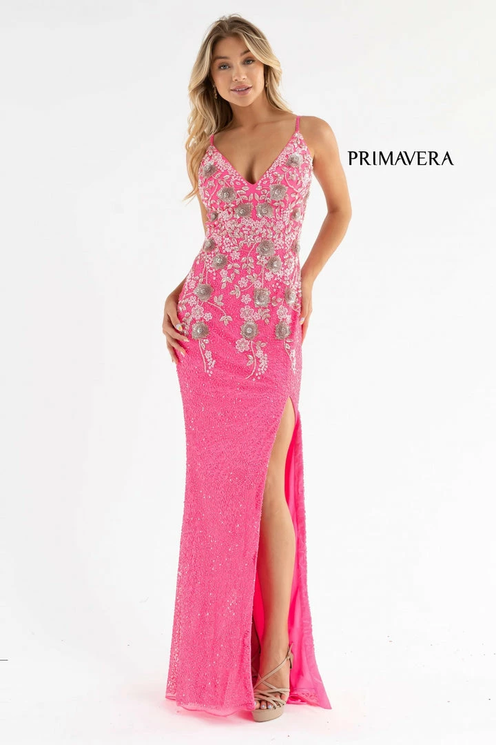 In Stock Primavera Couture 3730 Size 4 Prom Dress Flower Bodice Sequins V Neckline Slit Mid Back 14 In Stock Primavera Couture 3730 Size 4 Prom Dress Flower Bodice Sequins V Neckline Slit Mid Back