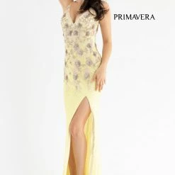 In Stock Primavera Couture 3730 Size 4 Prom Dress Flower Bodice Sequins V Neckline Slit Mid Back 20 In Stock Primavera Couture 3730 Size 4 Prom Dress Flower Bodice Sequins V Neckline Slit Mid Back