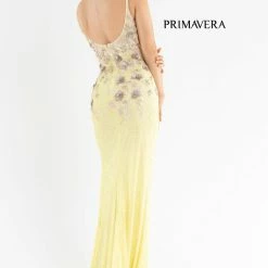 Sequin Dresses Primavera Couture 3730 Prom Dress Flower Bodice Sequins V Neckline Slit Mid Back