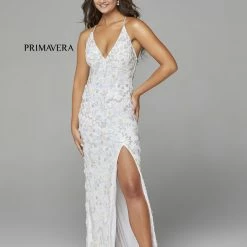 In Stock Primavera Couture 3731 Size 0 3D Flowers Prom Dress Sequins With A V Neckline Slit Open Back 78 In Stock Primavera Couture 3731 Size 0 3D Flowers Prom Dress Sequins With A V Neckline Slit Open Back