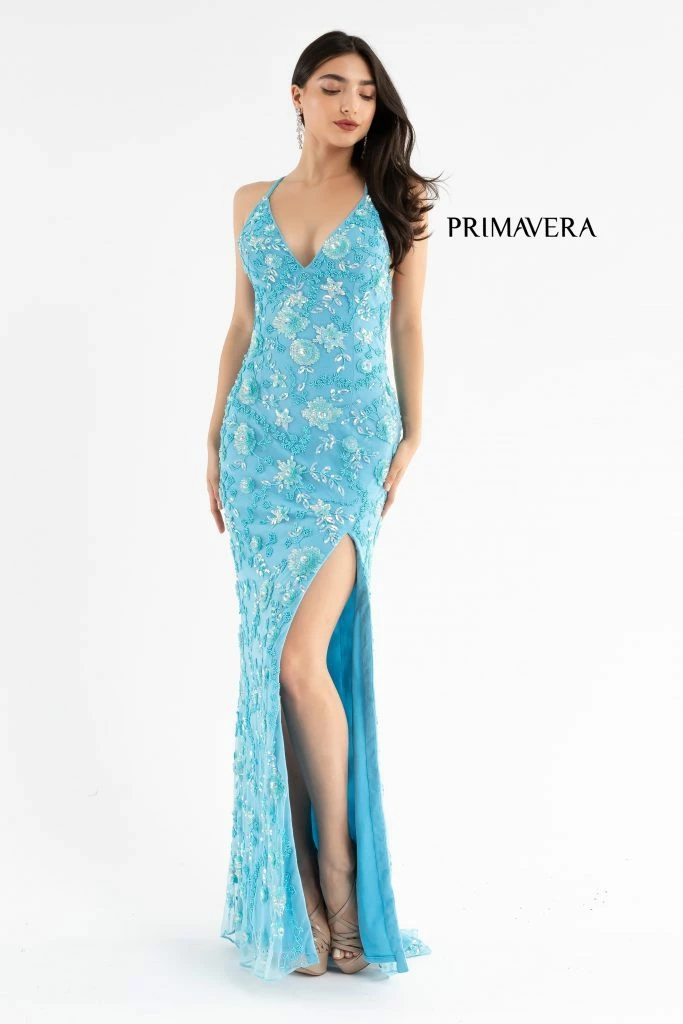 In Stock Primavera Couture 3731 Size 0 3D Flowers Prom Dress Sequins With A V Neckline Slit Open Back 8 In Stock Primavera Couture 3731 Size 0 3D Flowers Prom Dress Sequins With A V Neckline Slit Open Back