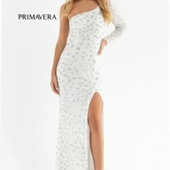 Primavera Couture 3732 One Shoulder Prom Dress Long Sleeve Fitted Evening Gown
