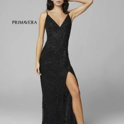 In Stock Primavera Couture 3733 Beaded Prom Dress V Neckline Backless Side Slit Evening Gown