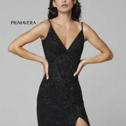 In Stock Primavera Couture 3733 Beaded Prom Dress V Neckline Backless Side Slit Evening Gown