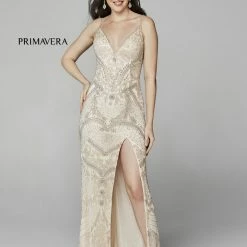 In Stock Primavera Couture 3733 Beaded Prom Dress V Neckline Backless Side Slit Evening Gown