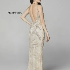 In Stock Primavera Couture 3733 Beaded Prom Dress V Neckline Backless Side Slit Evening Gown