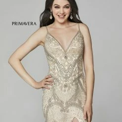 In Stock Primavera Couture 3733 Beaded Prom Dress V Neckline Backless Side Slit Evening Gown