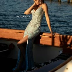 In Stock Primavera Couture 3733 Beaded Prom Dress V Neckline Backless Side Slit Evening Gown