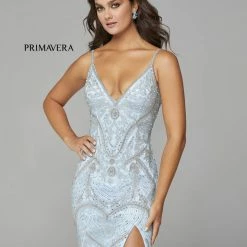 In Stock Primavera Couture 3733 Beaded Prom Dress V Neckline Backless Side Slit Evening Gown