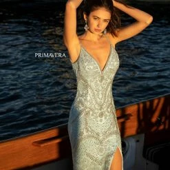 In Stock Primavera Couture 3733 Beaded Prom Dress V Neckline Backless Side Slit Evening Gown