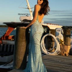 In Stock Primavera Couture 3733 Beaded Prom Dress V Neckline Backless Side Slit Evening Gown