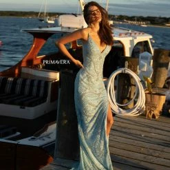 In Stock Primavera Couture 3733 Beaded Prom Dress V Neckline Backless Side Slit Evening Gown