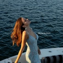 In Stock Primavera Couture 3733 Beaded Prom Dress V Neckline Backless Side Slit Evening Gown