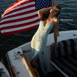 In Stock Primavera Couture 3733 Beaded Prom Dress V Neckline Backless Side Slit Evening Gown