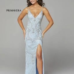 In Stock Primavera Couture 3733 Beaded Prom Dress V Neckline Backless Side Slit Evening Gown