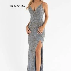 In Stock Primavera Couture 3733 Beaded Prom Dress V Neckline Backless Side Slit Evening Gown